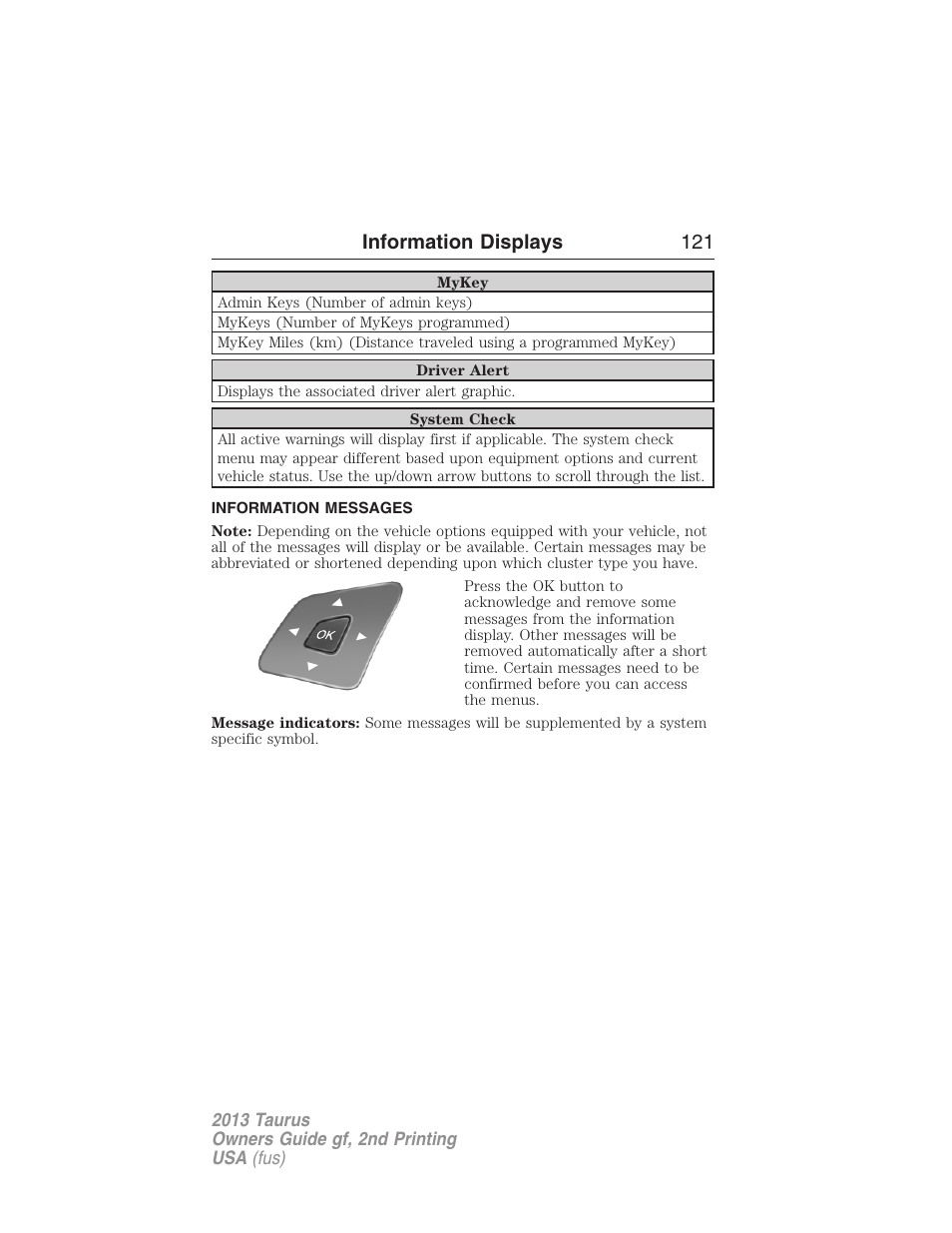 Information messages, Information displays 121 | FORD 2013 Taurus v.2 User Manual | Page 121 / 541