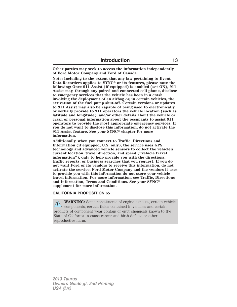 California proposition 65, Introduction 13 | FORD 2013 Taurus v.2 User Manual | Page 13 / 541