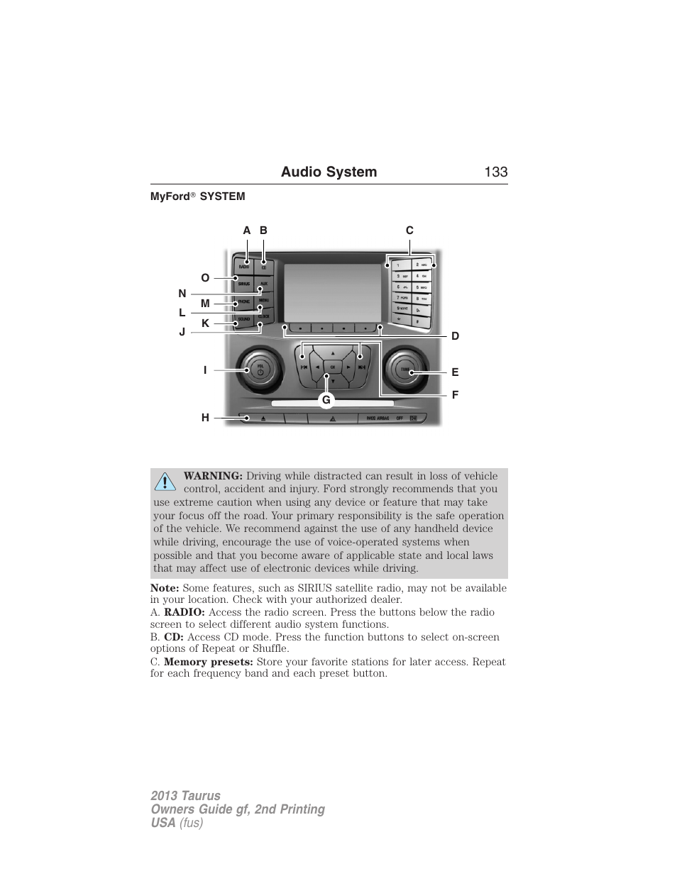 Myford? system, Myford™ system, Audio system 133 | FORD 2013 Taurus v.2 User Manual | Page 133 / 541