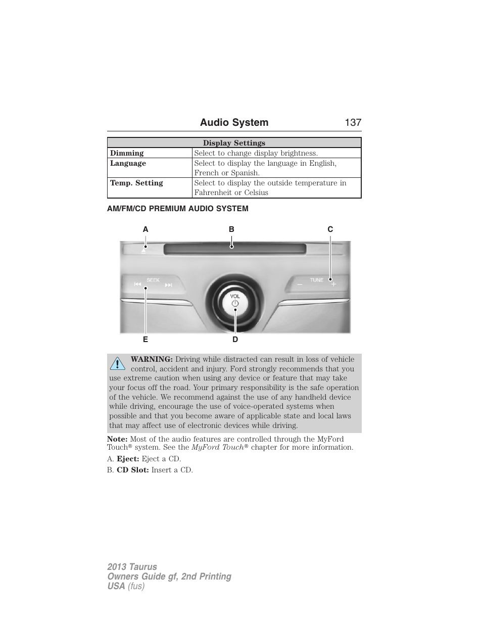 Am/fm/cd premium audio system, Audio system 137 | FORD 2013 Taurus v.2 User Manual | Page 137 / 541