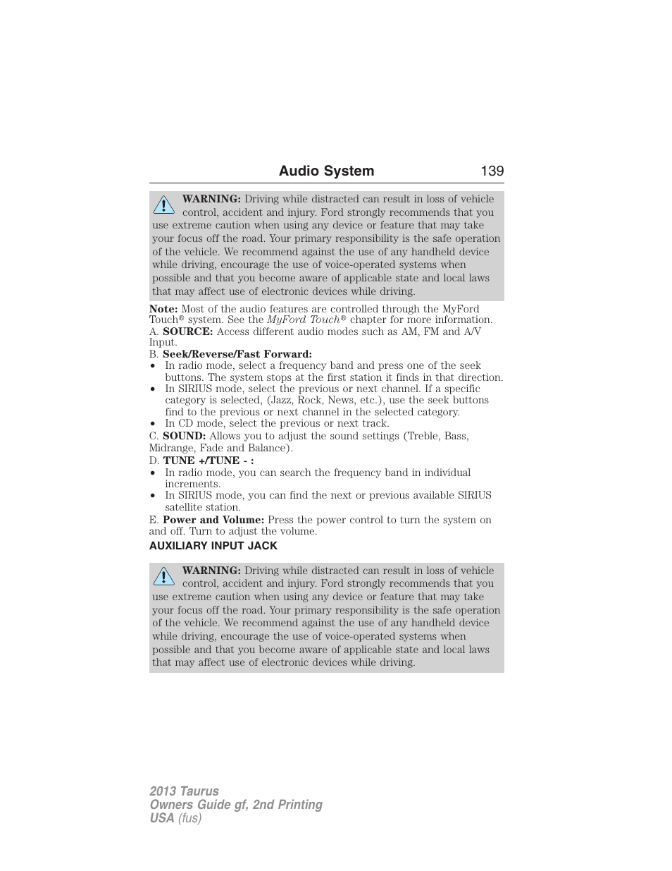 Auxiliary input jack, Audio system 139 | FORD 2013 Taurus v.2 User Manual | Page 139 / 541