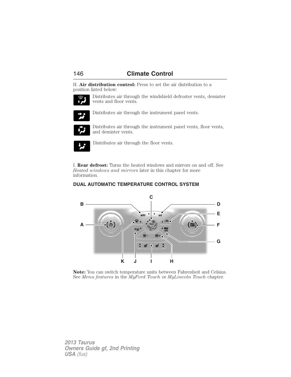 Dual automatic temperature control system, Dual automatic temperature control, 146 climate control | FORD 2013 Taurus v.2 User Manual | Page 146 / 541