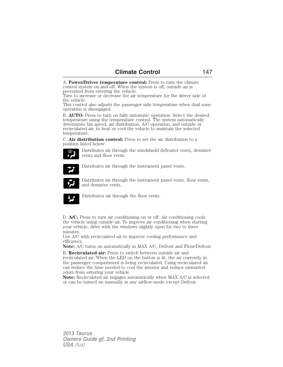 Climate control 147 | FORD 2013 Taurus v.2 User Manual | Page 147 / 541