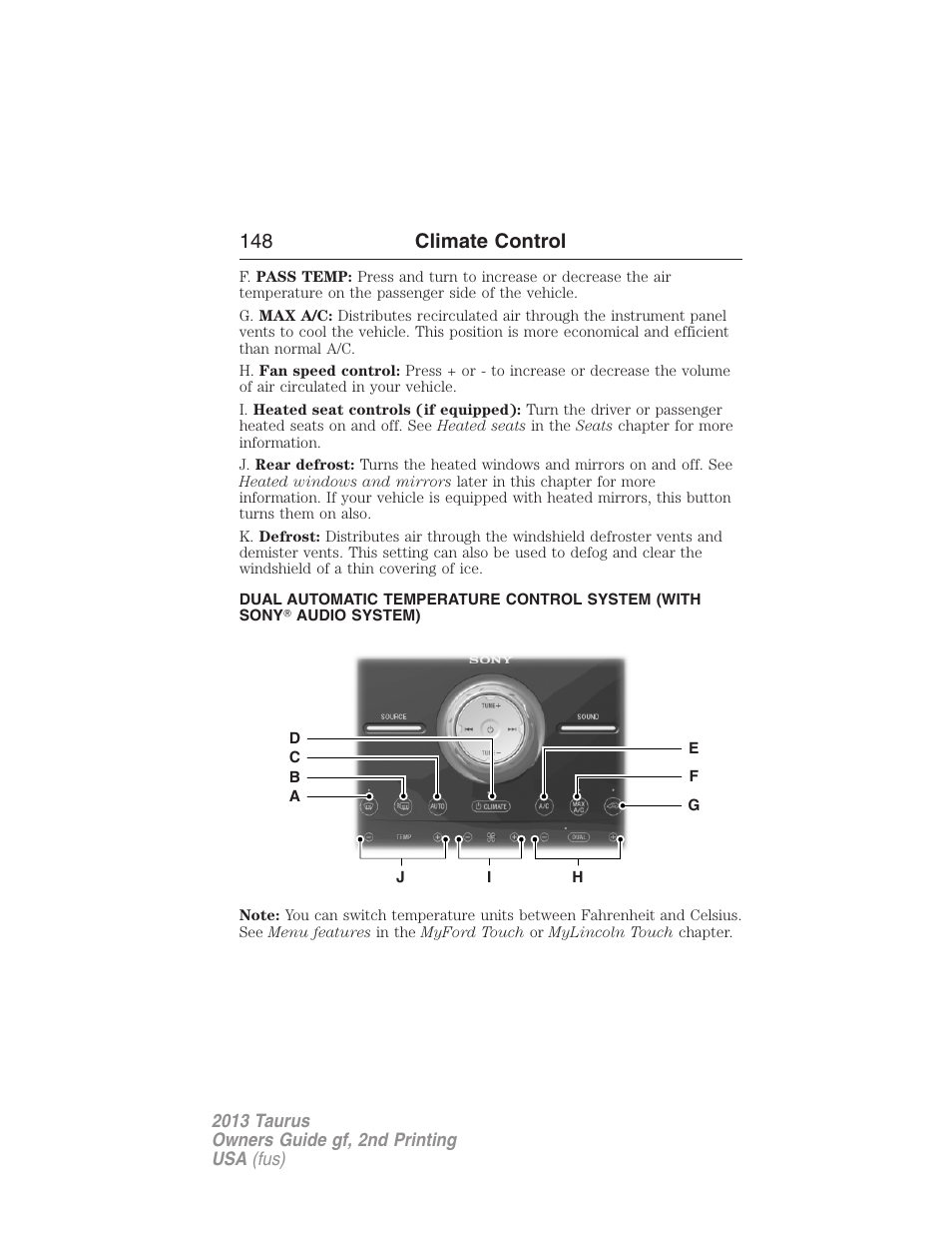 148 climate control | FORD 2013 Taurus v.2 User Manual | Page 148 / 541