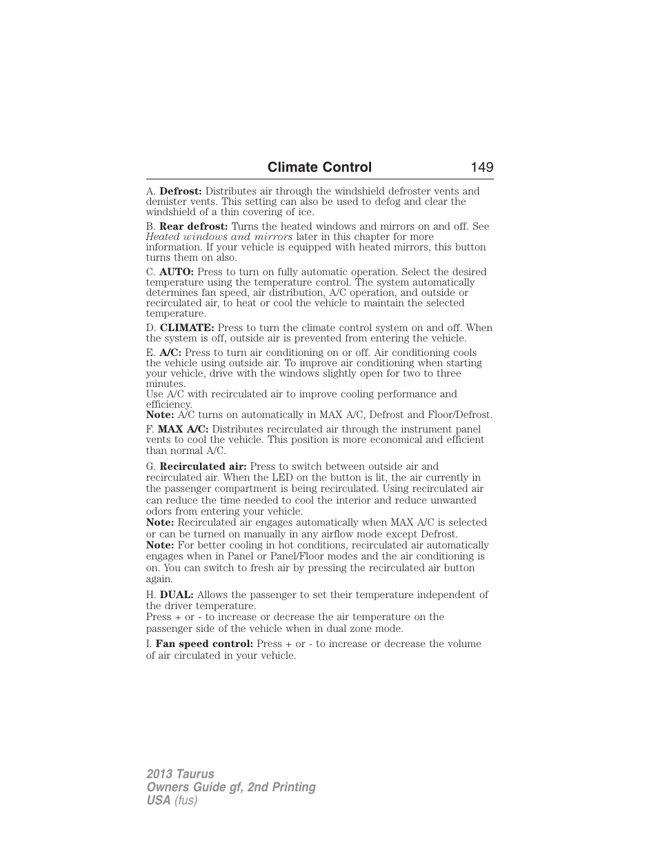 Climate control 149 | FORD 2013 Taurus v.2 User Manual | Page 149 / 541