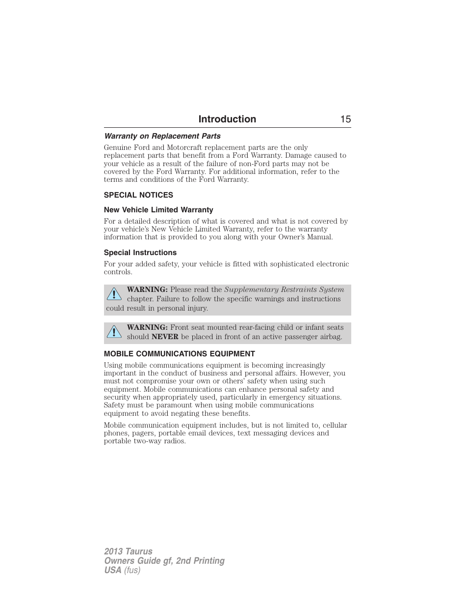 Warranty on replacement parts, Special notices, New vehicle limited warranty | Special instructions, Mobile communications equipment, Introduction 15 | FORD 2013 Taurus v.2 User Manual | Page 15 / 541