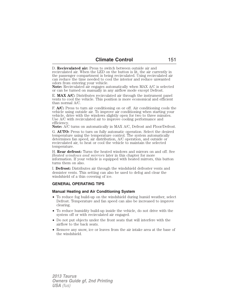 General operating tips, Manual heating and air conditioning system, Climate control 151 | FORD 2013 Taurus v.2 User Manual | Page 151 / 541