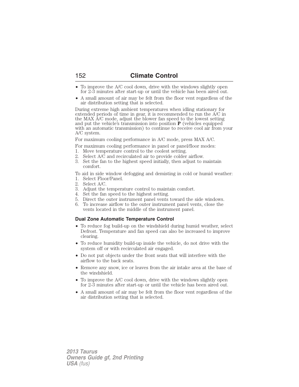 Dual zone automatic temperature control, 152 climate control | FORD 2013 Taurus v.2 User Manual | Page 152 / 541