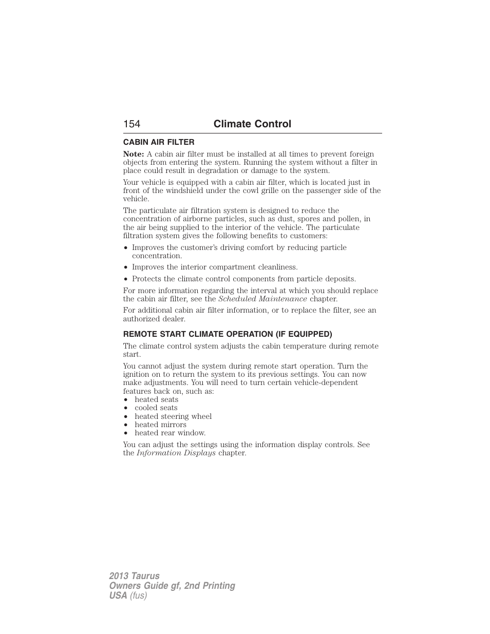 Cabin air filter, Remote start climate operation (if equipped), 154 climate control | FORD 2013 Taurus v.2 User Manual | Page 154 / 541