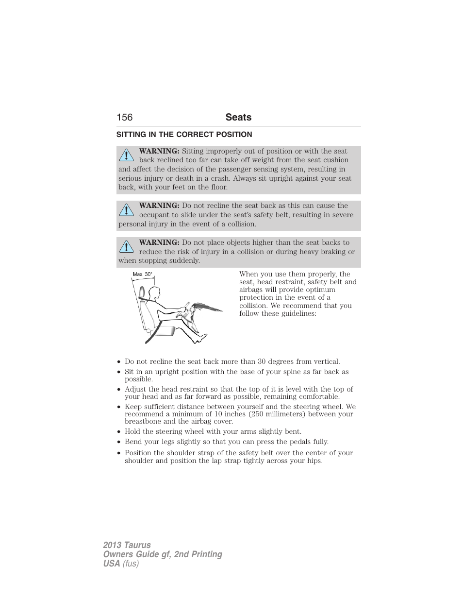 Seats, Sitting in the correct position, 156 seats | FORD 2013 Taurus v.2 User Manual | Page 156 / 541