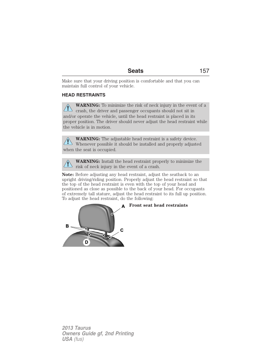 Head restraints, Seats 157 | FORD 2013 Taurus v.2 User Manual | Page 157 / 541