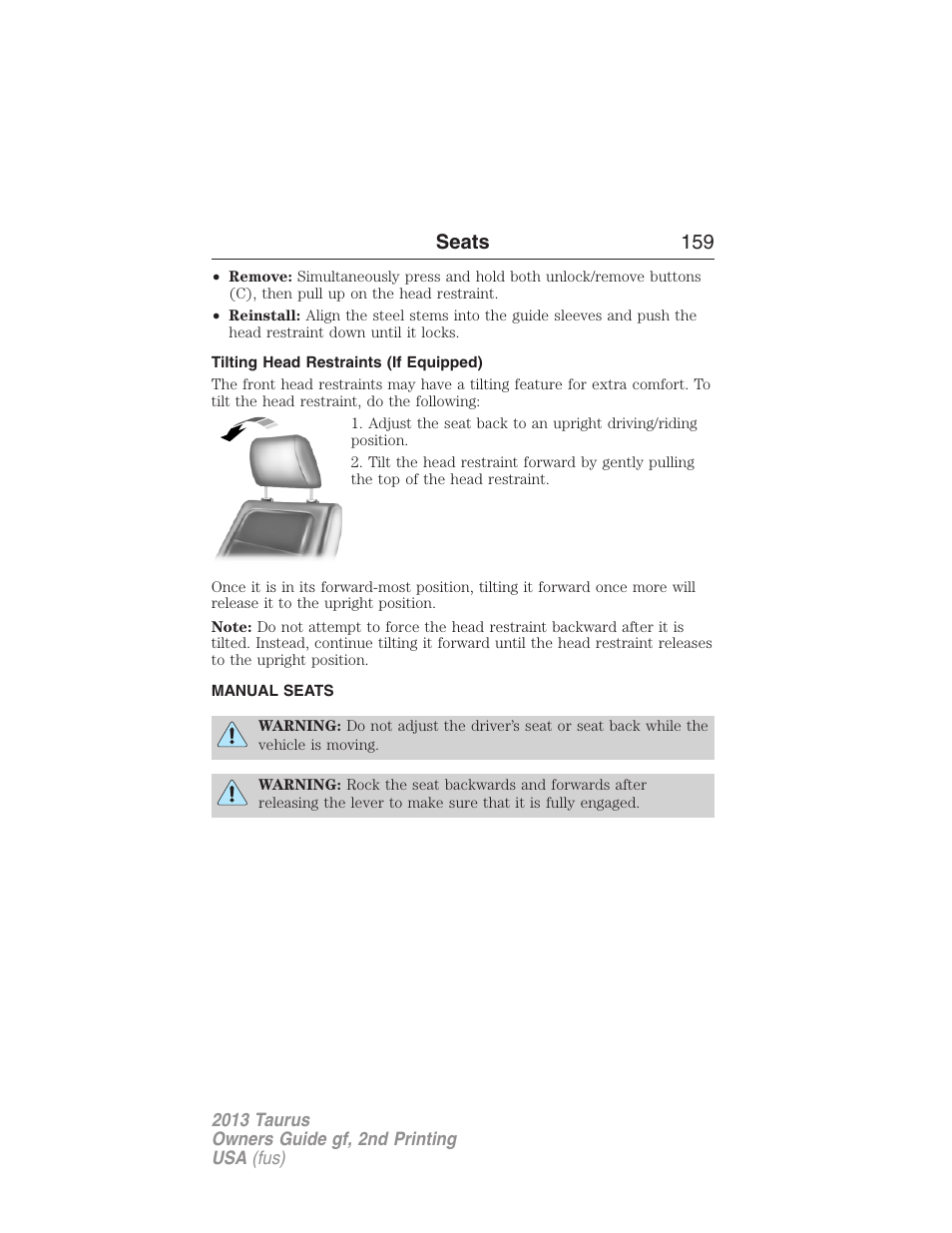 Tilting head restraints (if equipped), Manual seats, Front manual seats | Seats 159 | FORD 2013 Taurus v.2 User Manual | Page 159 / 541