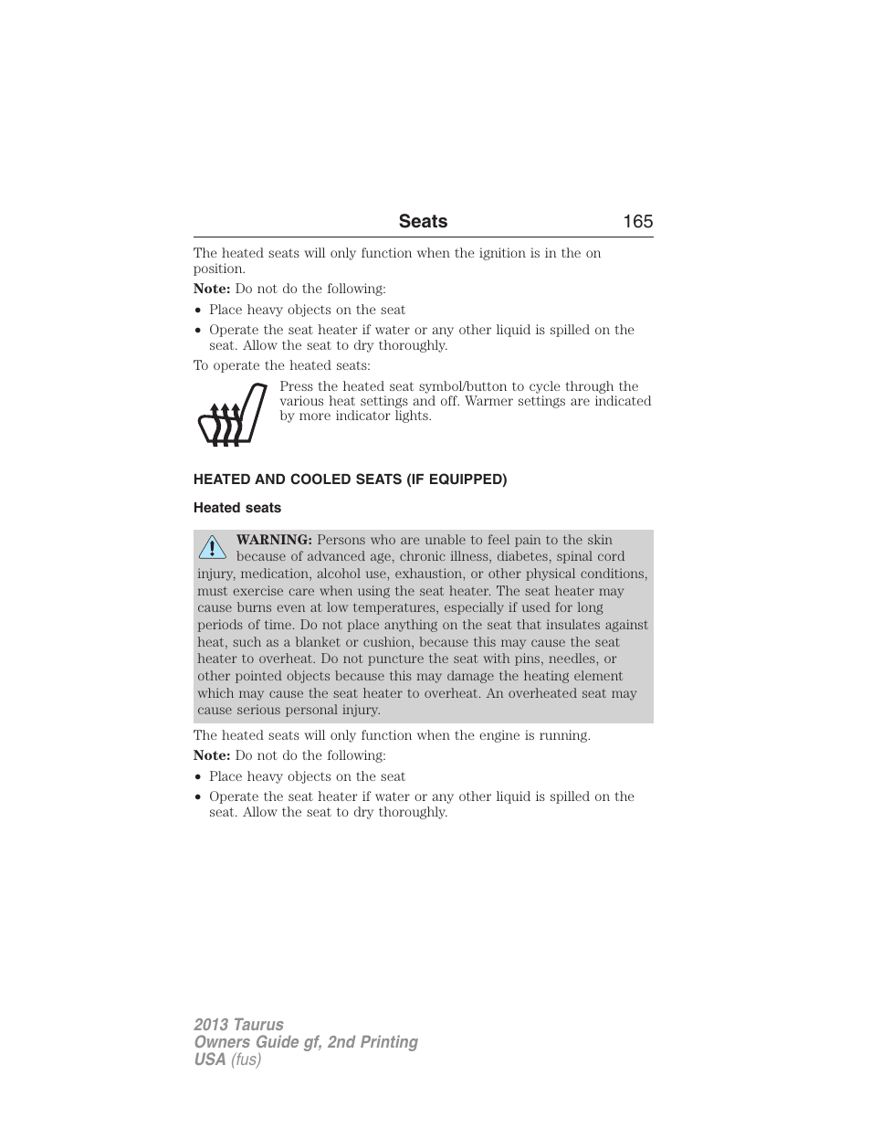 Heated and cooled seats (if equipped), Heated seats, Heated and cooled seats | Seats 165 | FORD 2013 Taurus v.2 User Manual | Page 165 / 541