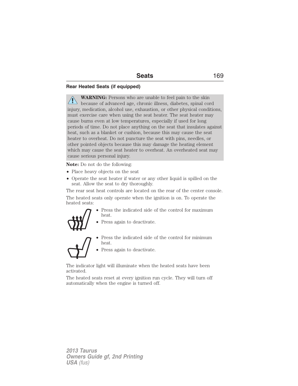 Rear heated seats (if equipped), Seats 169 | FORD 2013 Taurus v.2 User Manual | Page 169 / 541