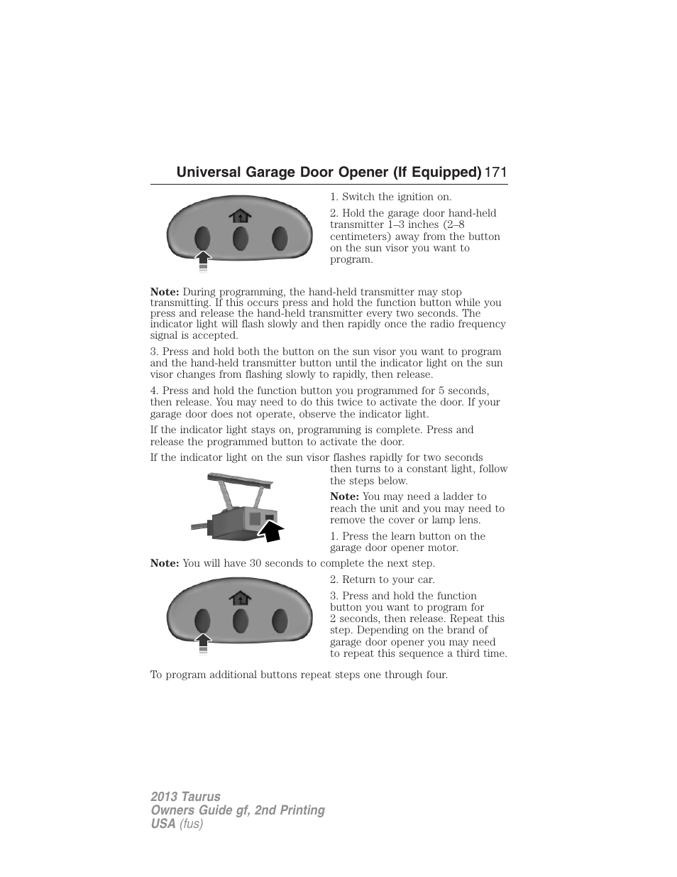 Universal garage door opener (if equipped) 171 | FORD 2013 Taurus v.2 User Manual | Page 171 / 541