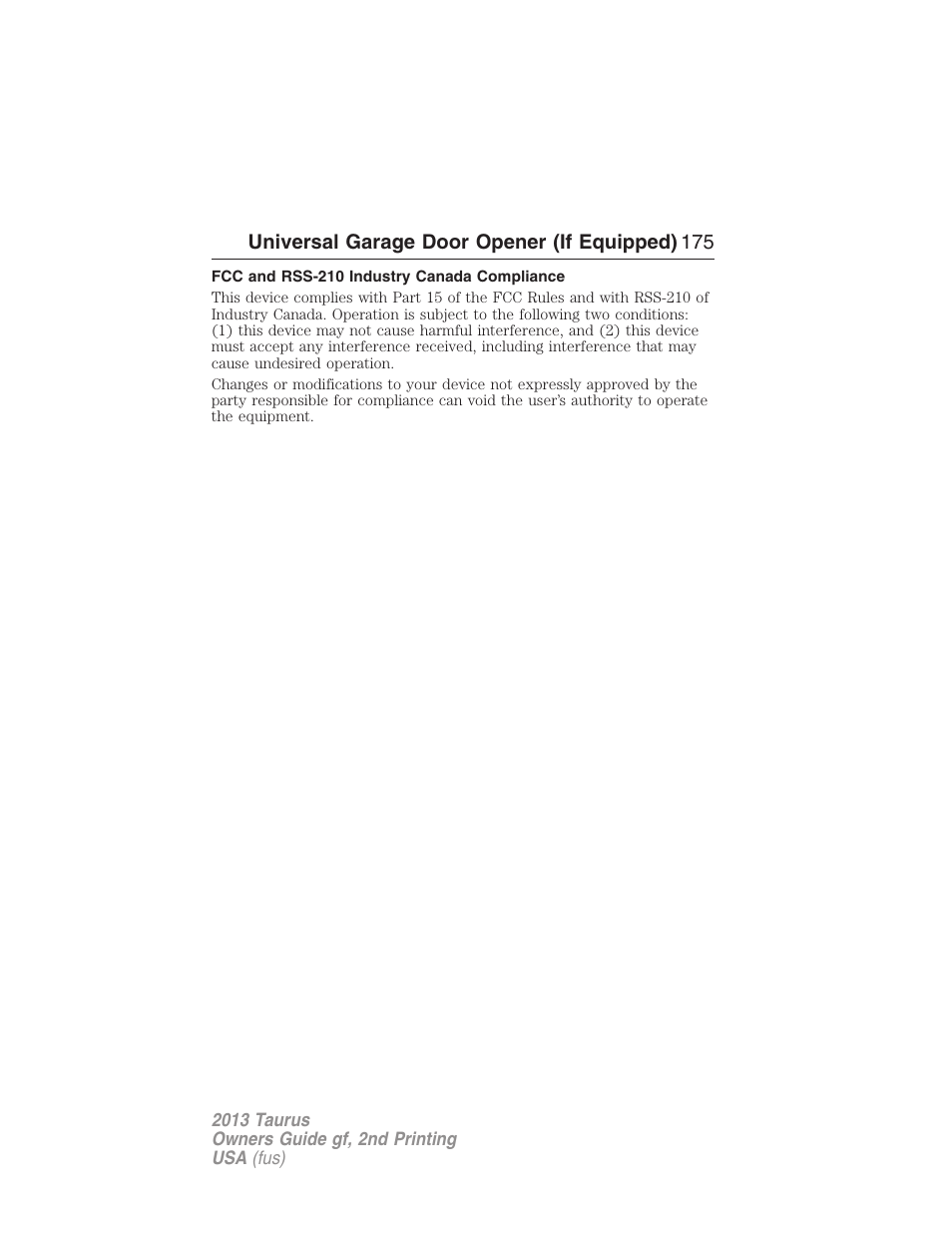 Fcc and rss-210 industry canada compliance | FORD 2013 Taurus v.2 User Manual | Page 175 / 541