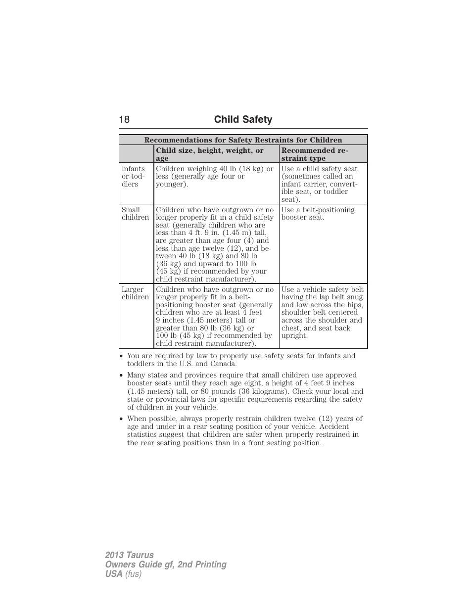 18 child safety | FORD 2013 Taurus v.2 User Manual | Page 18 / 541