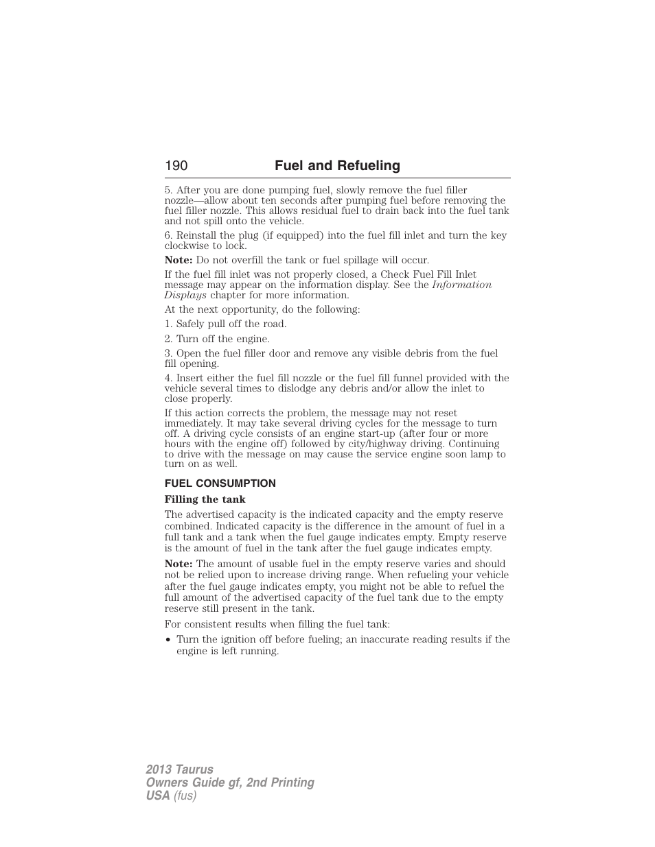 Fuel consumption, 190 fuel and refueling | FORD 2013 Taurus v.2 User Manual | Page 190 / 541