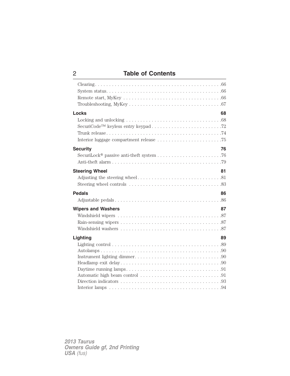 2table of contents | FORD 2013 Taurus v.2 User Manual | Page 2 / 541