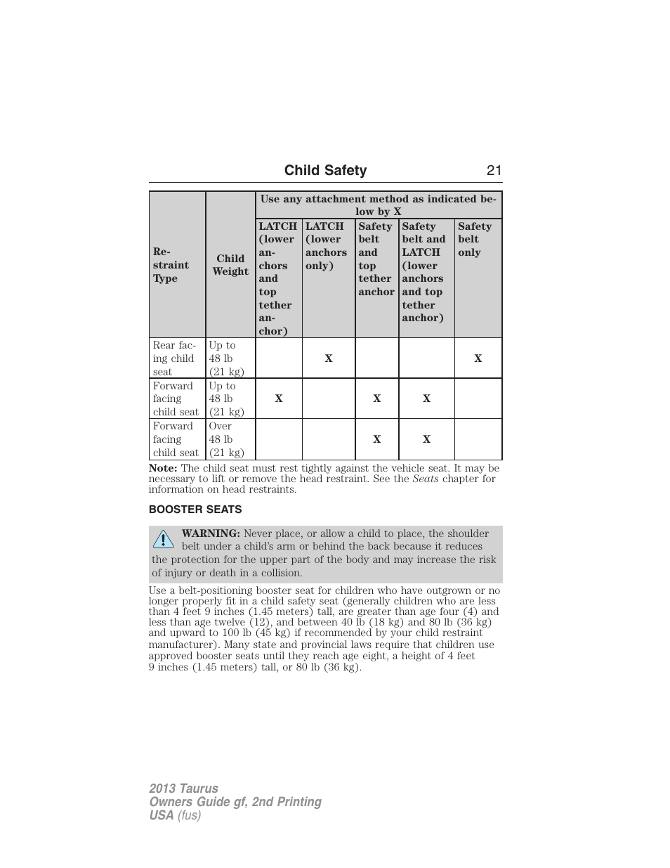 Booster seats, Child safety 21 | FORD 2013 Taurus v.2 User Manual | Page 21 / 541