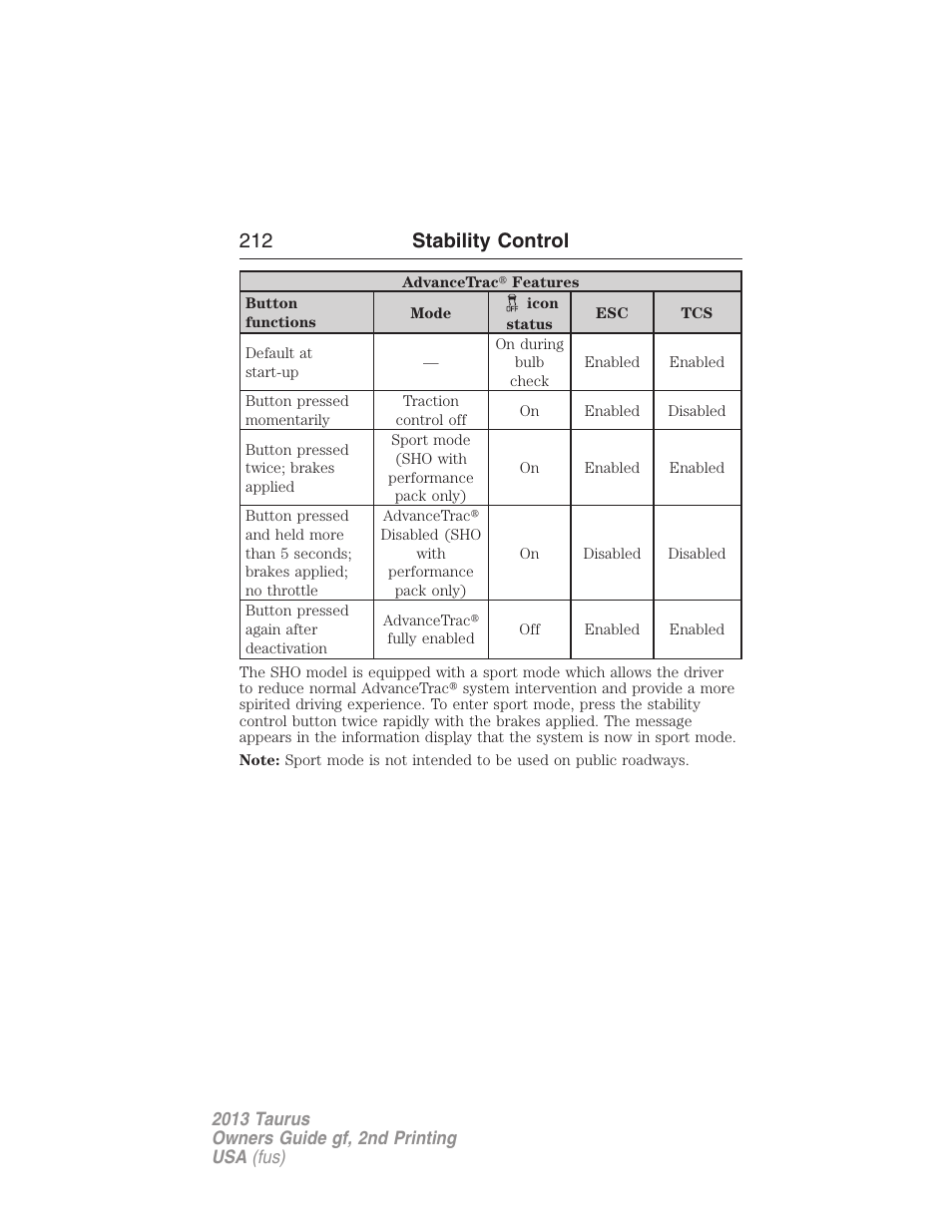 212 stability control | FORD 2013 Taurus v.2 User Manual | Page 212 / 541