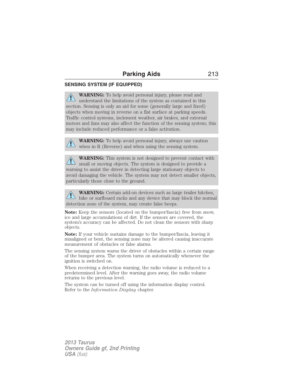 Parking aids, Sensing system (if equipped), Sensing system | Parking aids 213 | FORD 2013 Taurus v.2 User Manual | Page 213 / 541