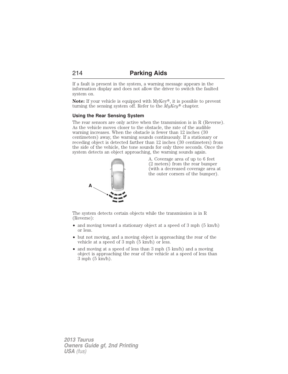 Using the rear sensing system, 214 parking aids | FORD 2013 Taurus v.2 User Manual | Page 214 / 541