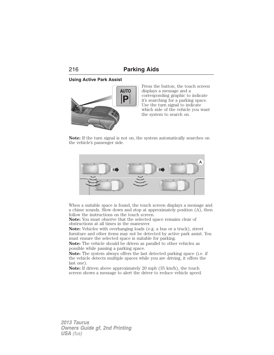 Using active park assist, 216 parking aids | FORD 2013 Taurus v.2 User Manual | Page 216 / 541