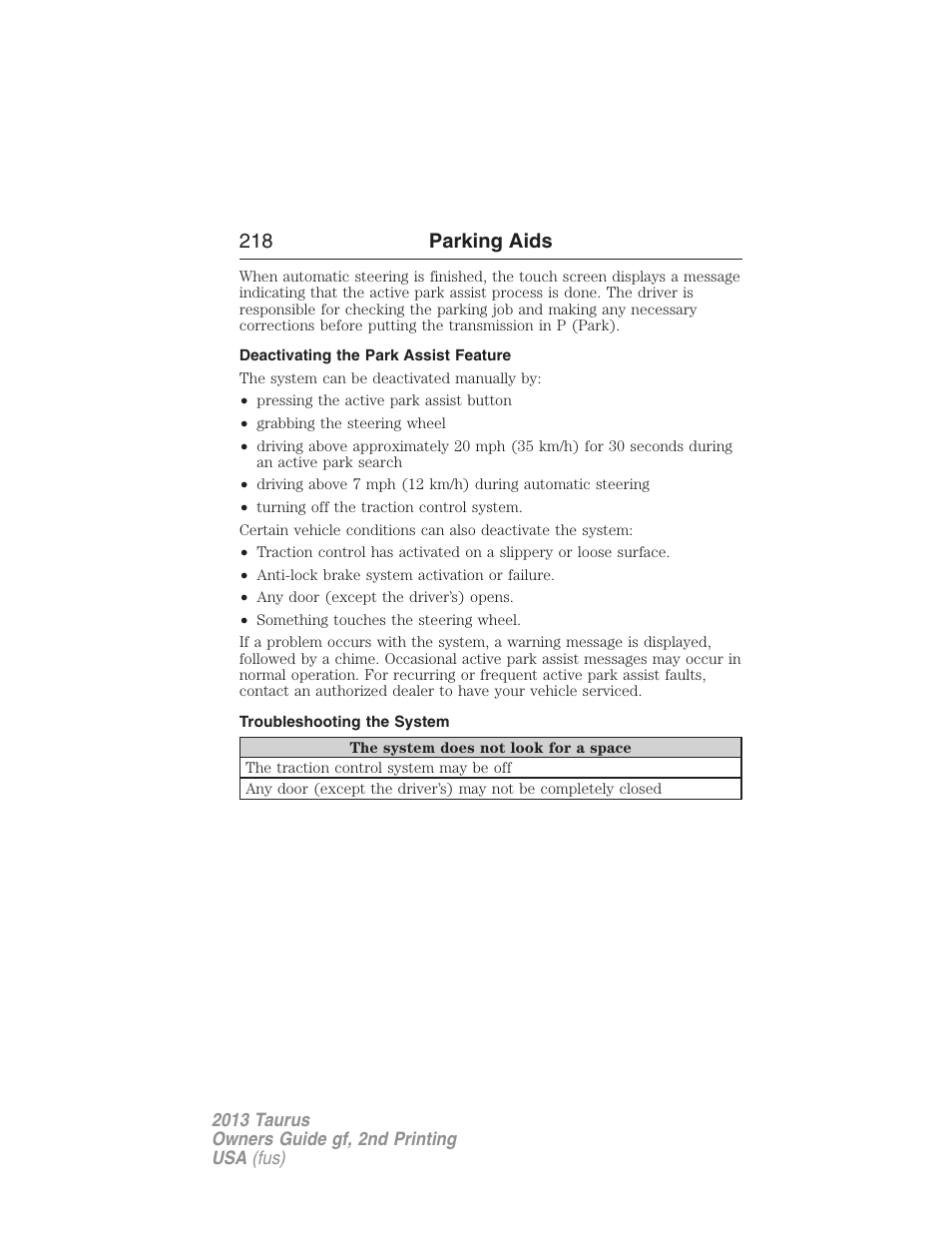 Deactivating the park assist feature, Troubleshooting the system, 218 parking aids | FORD 2013 Taurus v.2 User Manual | Page 218 / 541