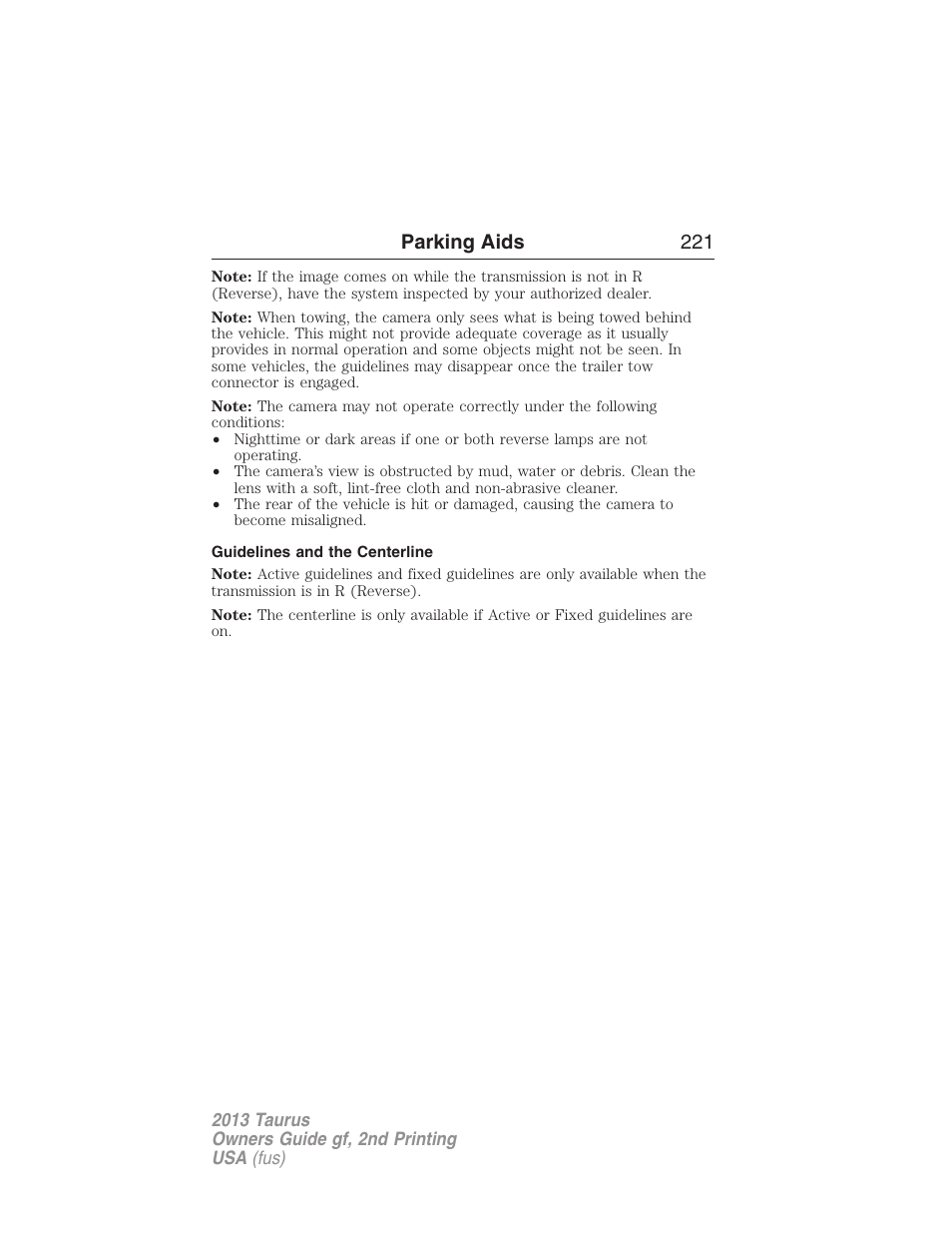 Guidelines and the centerline, Parking aids 221 | FORD 2013 Taurus v.2 User Manual | Page 221 / 541