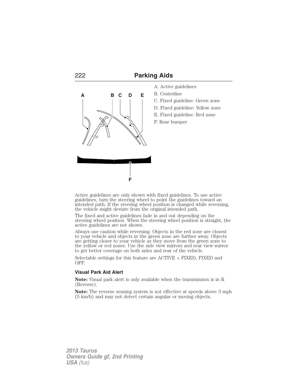 Visual park aid alert, 222 parking aids | FORD 2013 Taurus v.2 User Manual | Page 222 / 541