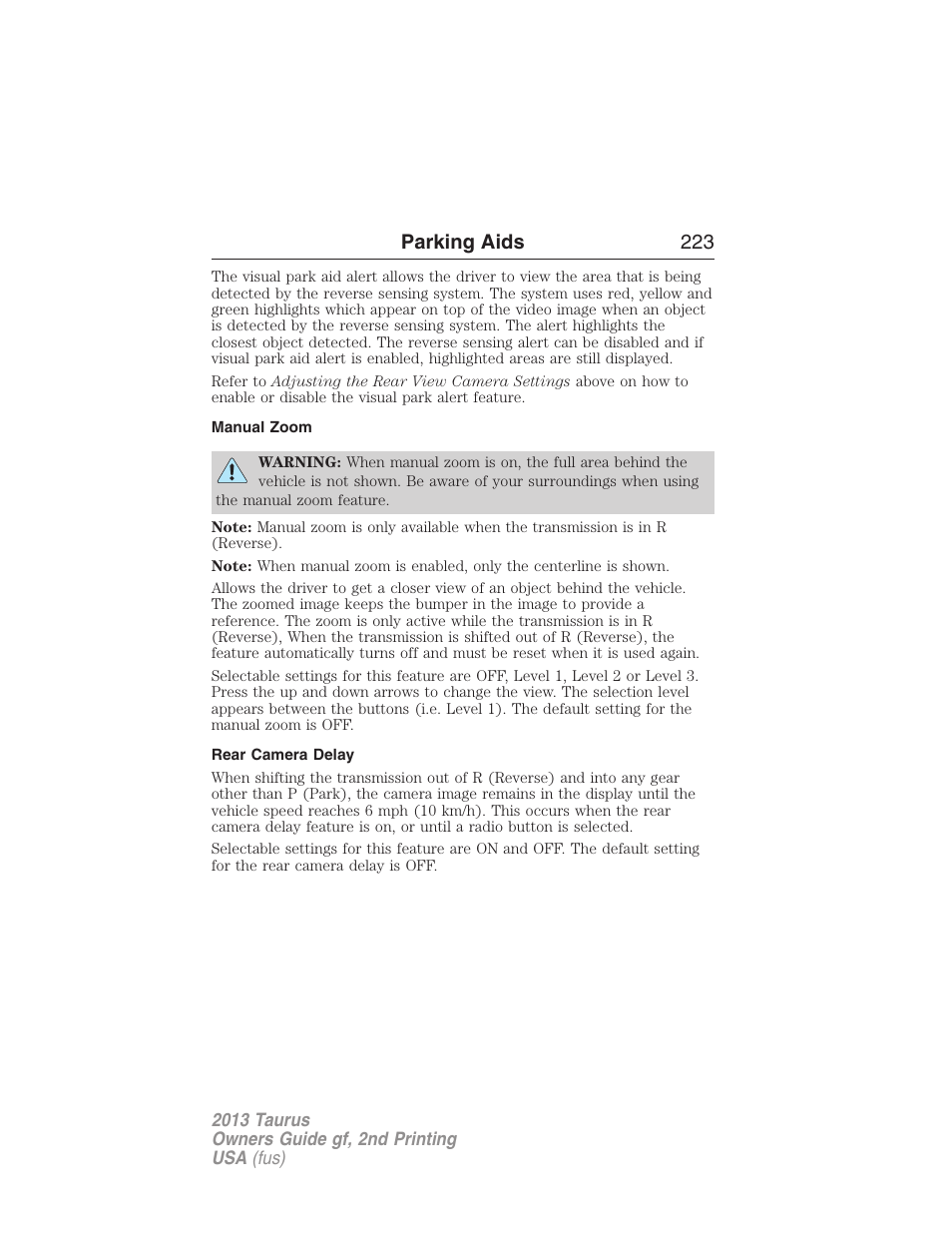 Manual zoom, Rear camera delay, Parking aids 223 | FORD 2013 Taurus v.2 User Manual | Page 223 / 541