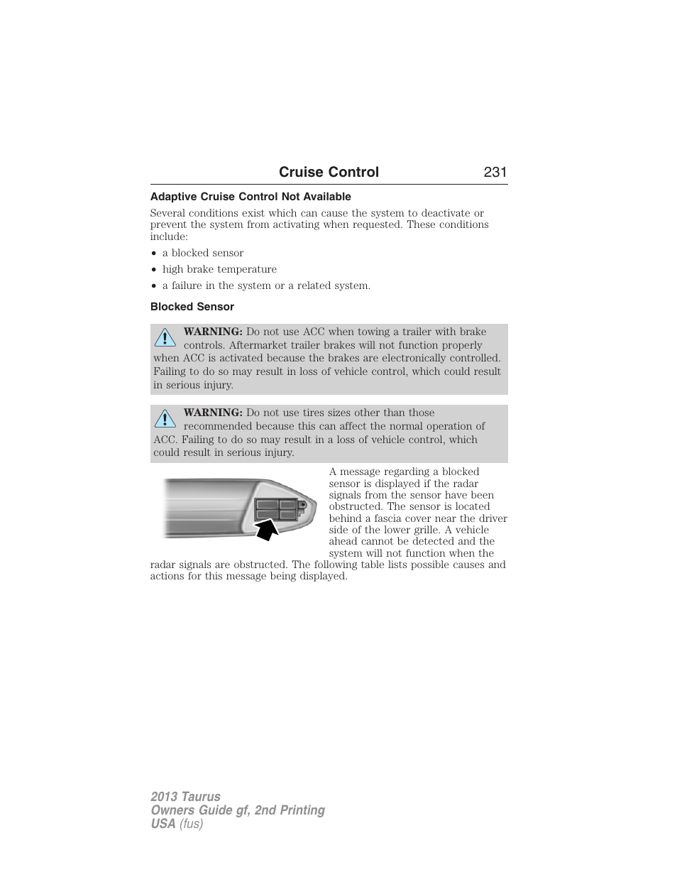 Adaptive cruise control not available, Blocked sensor, Cruise control 231 | FORD 2013 Taurus v.2 User Manual | Page 231 / 541