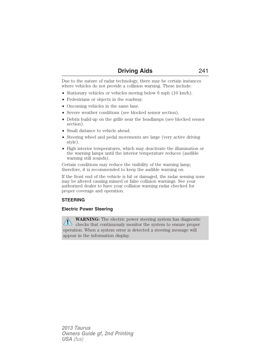 Steering, Electric power steering, Driving aids 241 | FORD 2013 Taurus v.2 User Manual | Page 241 / 541