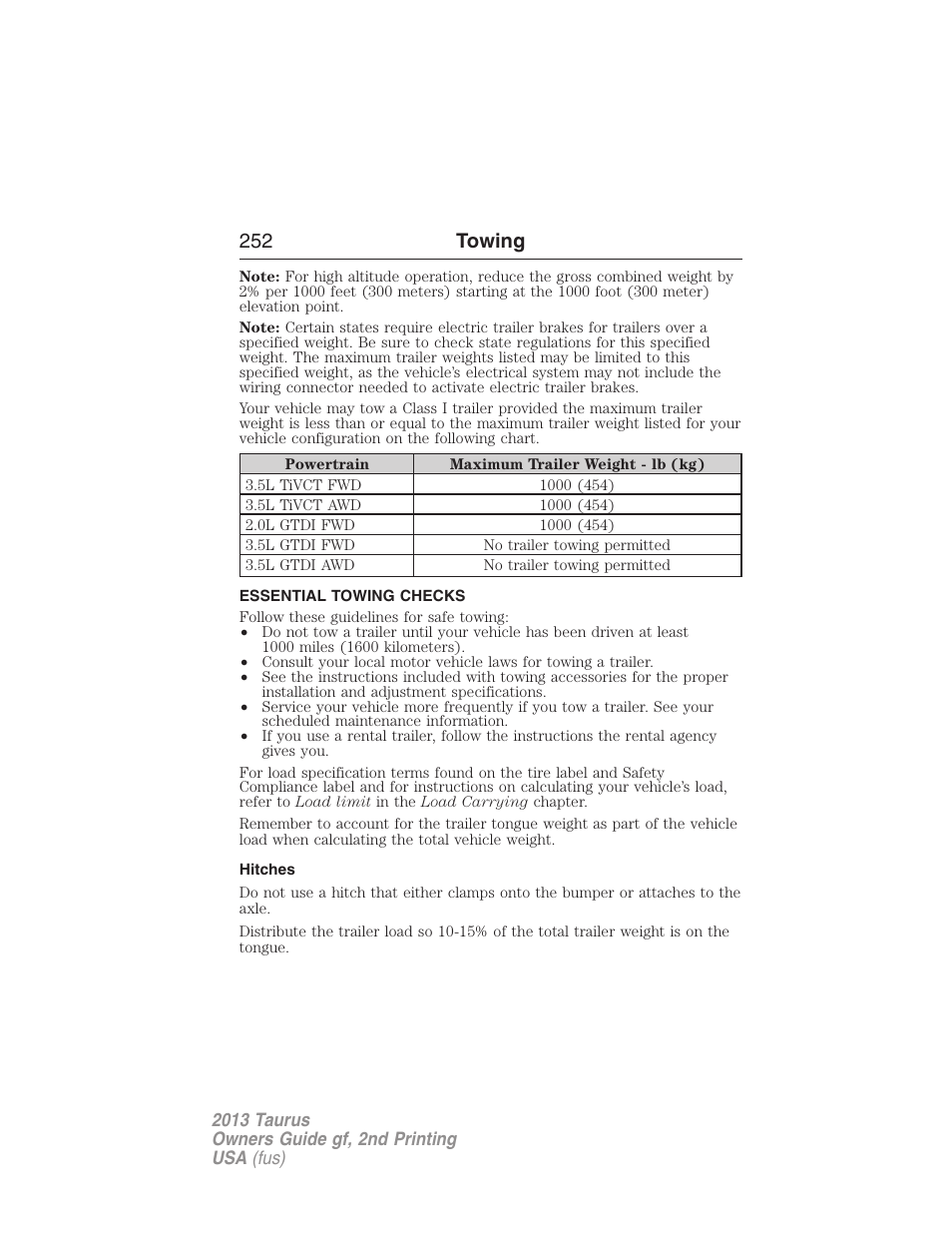 Essential towing checks, Hitches, 252 towing | FORD 2013 Taurus v.2 User Manual | Page 252 / 541