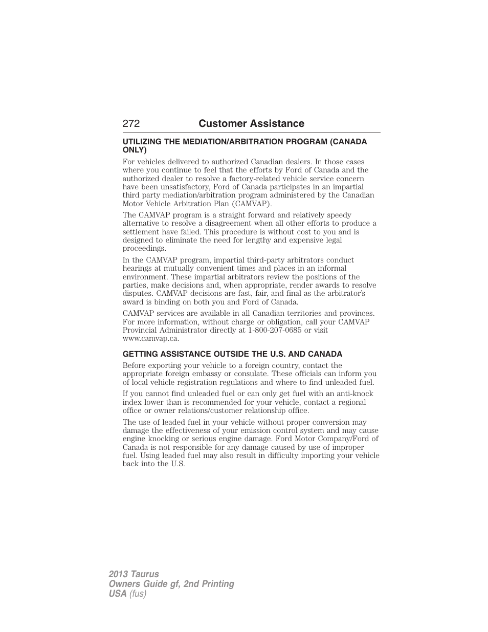 Getting assistance outside the u.s. and canada, 272 customer assistance | FORD 2013 Taurus v.2 User Manual | Page 272 / 541