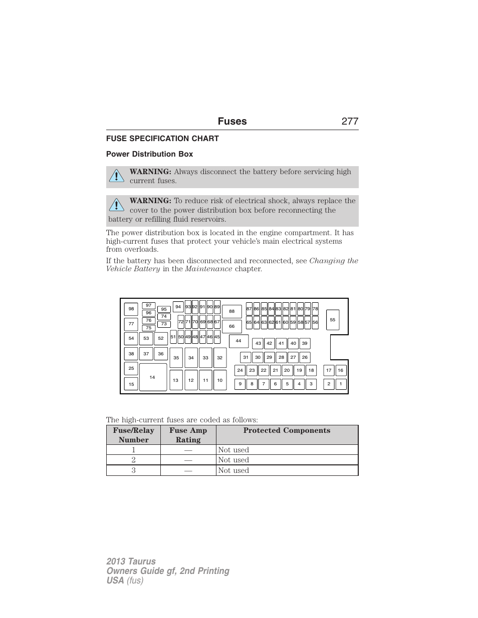 Fuse specification chart, Power distribution box, Fuses 277 | FORD 2013 Taurus v.2 User Manual | Page 277 / 541