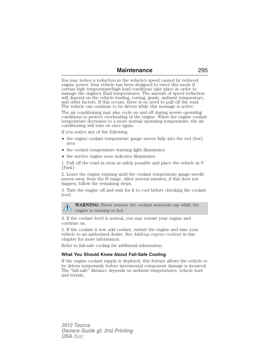 What you should know about fail-safe cooling, Maintenance 295 | FORD 2013 Taurus v.2 User Manual | Page 295 / 541