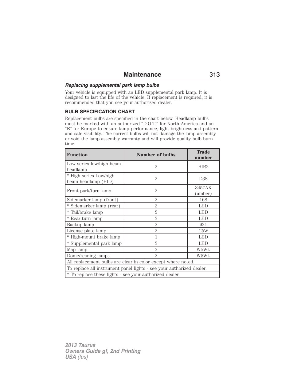 Replacing supplemental park lamp bulbs, Bulb specification chart, Maintenance 313 | FORD 2013 Taurus v.2 User Manual | Page 313 / 541