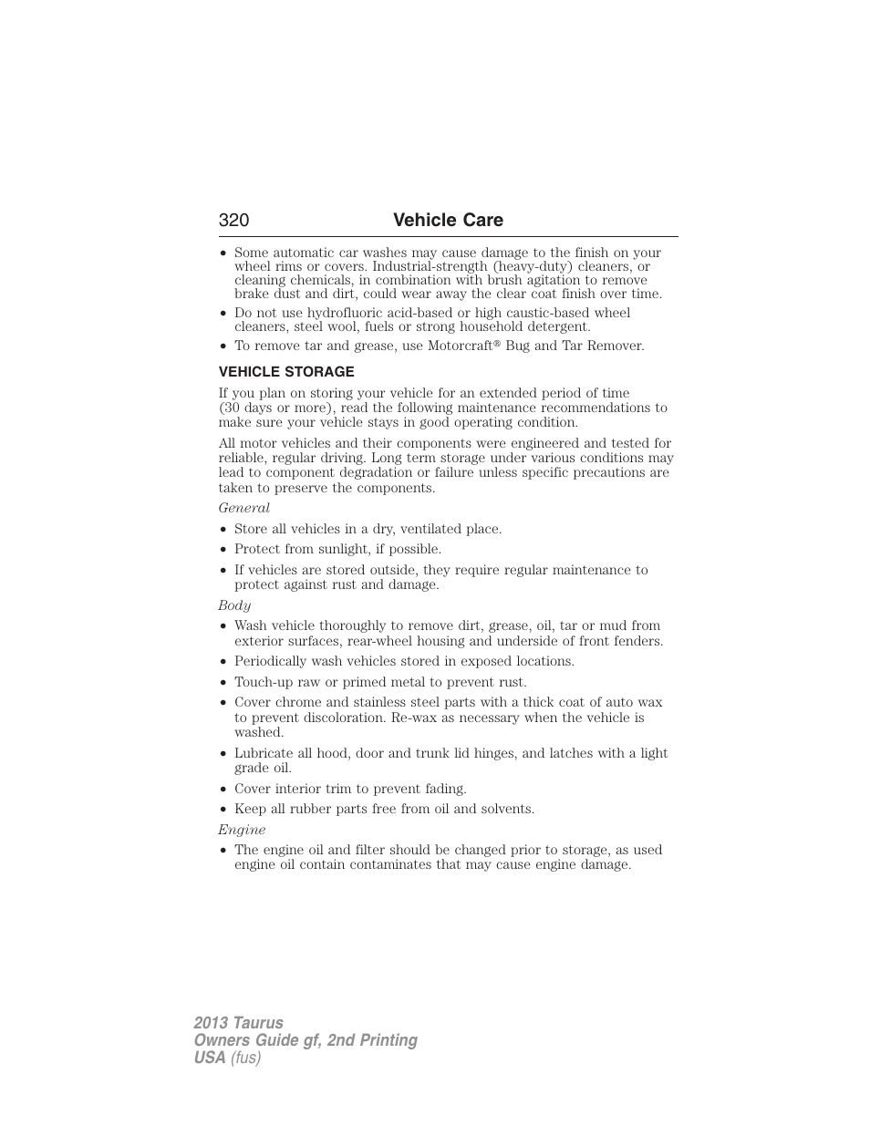 Vehicle storage, 320 vehicle care | FORD 2013 Taurus v.2 User Manual | Page 320 / 541