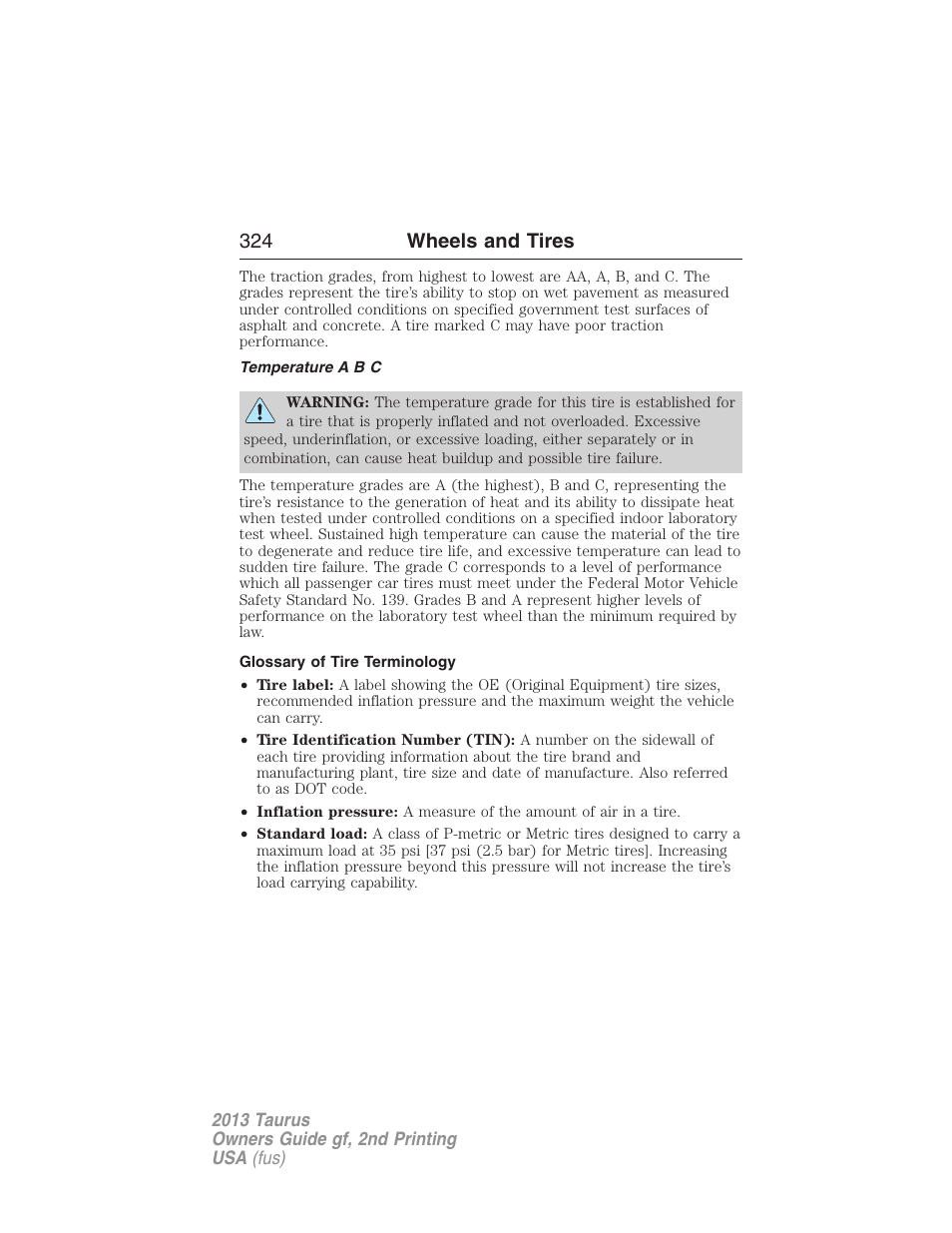 Temperature a b c, Glossary of tire terminology, 324 wheels and tires | FORD 2013 Taurus v.2 User Manual | Page 324 / 541