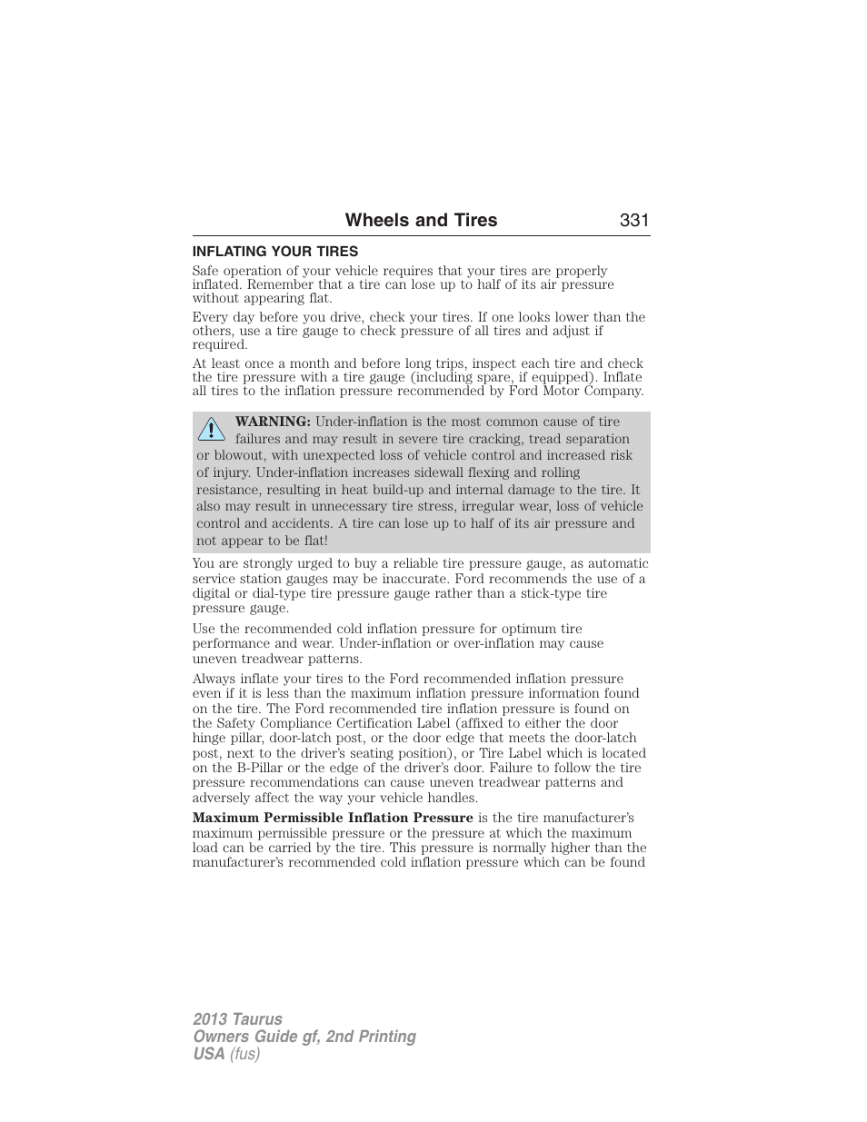 Inflating your tires, Wheels and tires 331 | FORD 2013 Taurus v.2 User Manual | Page 331 / 541