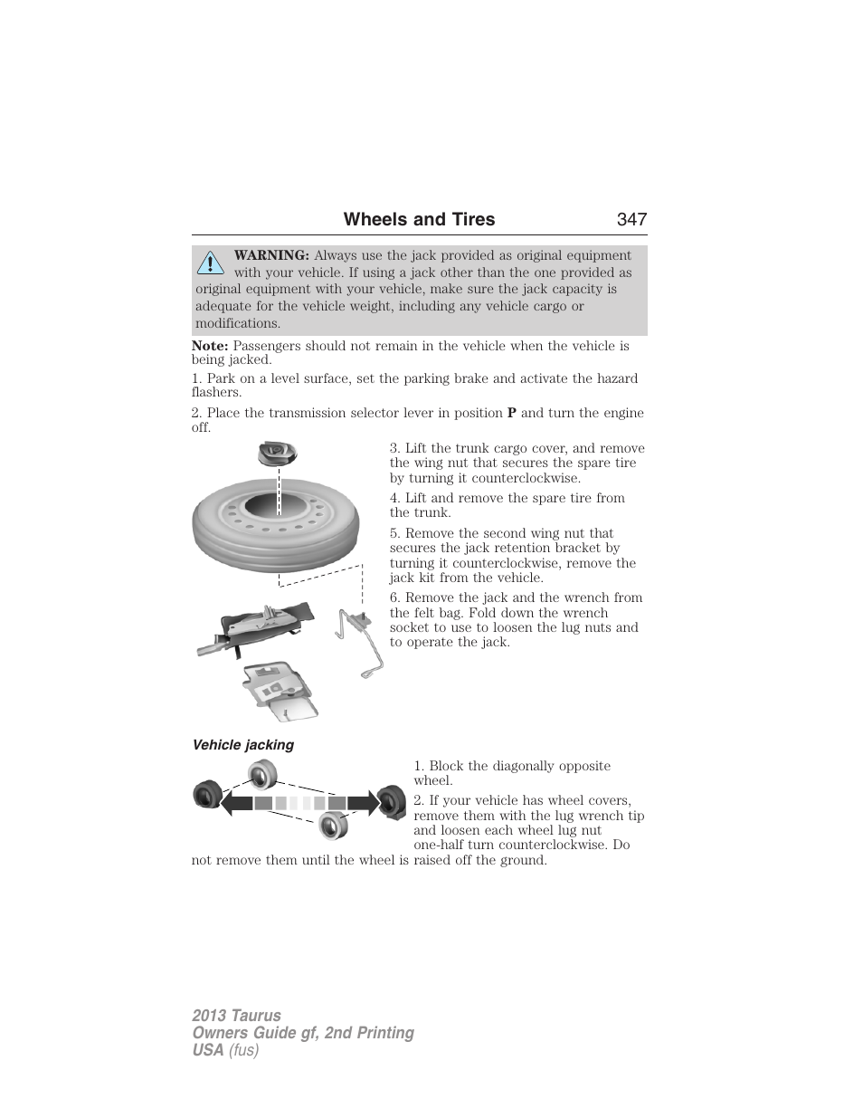 Vehicle jacking, Wheels and tires 347 | FORD 2013 Taurus v.2 User Manual | Page 347 / 541