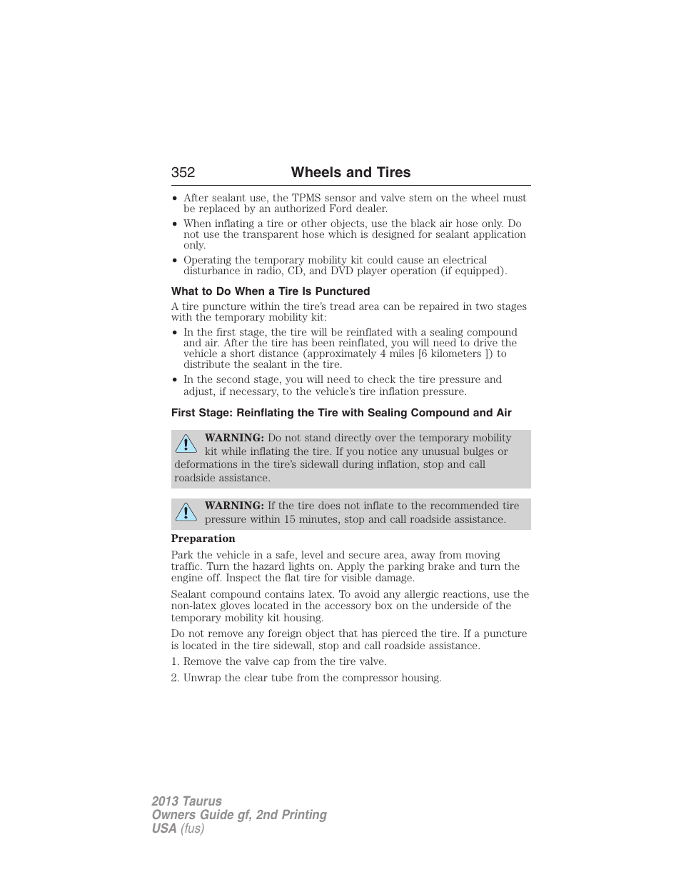 What to do when a tire is punctured, 352 wheels and tires | FORD 2013 Taurus v.2 User Manual | Page 352 / 541