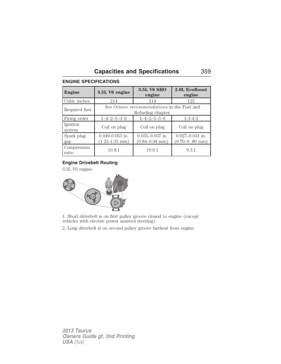 Capacities and specifications, Engine specifications, Engine drivebelt routing | Capacities and specifications 359 | FORD 2013 Taurus v.2 User Manual | Page 359 / 541