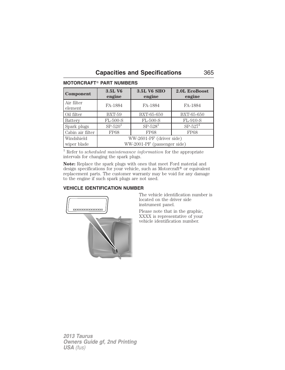 Motorcraft? part numbers, Vehicle identification number, Part numbers | Capacities and specifications 365 | FORD 2013 Taurus v.2 User Manual | Page 365 / 541