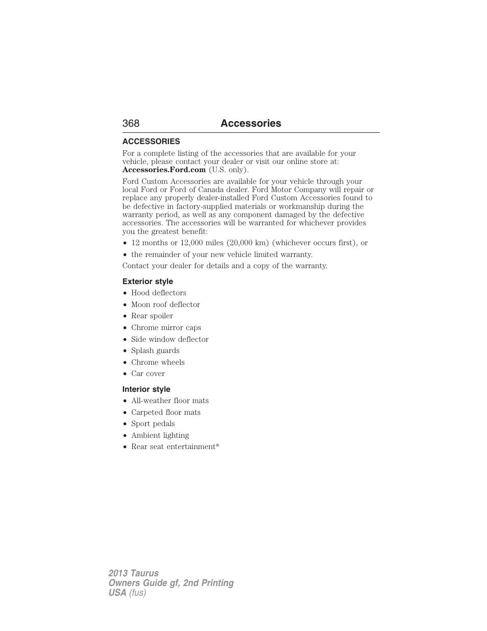 Accessories, Exterior style, Interior style | 368 accessories | FORD 2013 Taurus v.2 User Manual | Page 368 / 541