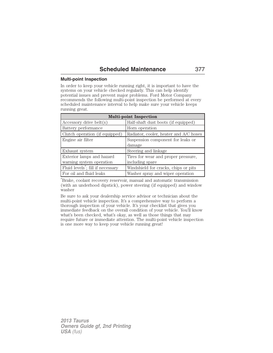 Multi-point inspection, Scheduled maintenance 377 | FORD 2013 Taurus v.2 User Manual | Page 377 / 541