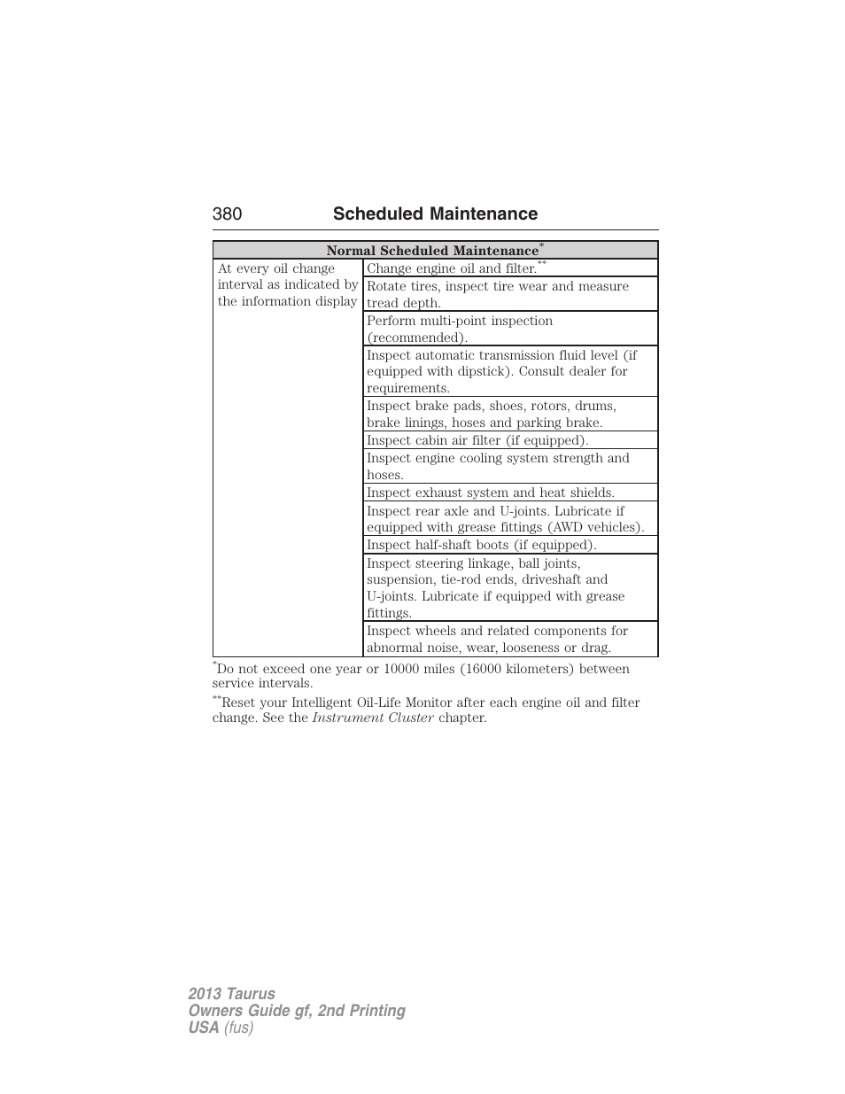 380 scheduled maintenance | FORD 2013 Taurus v.2 User Manual | Page 380 / 541