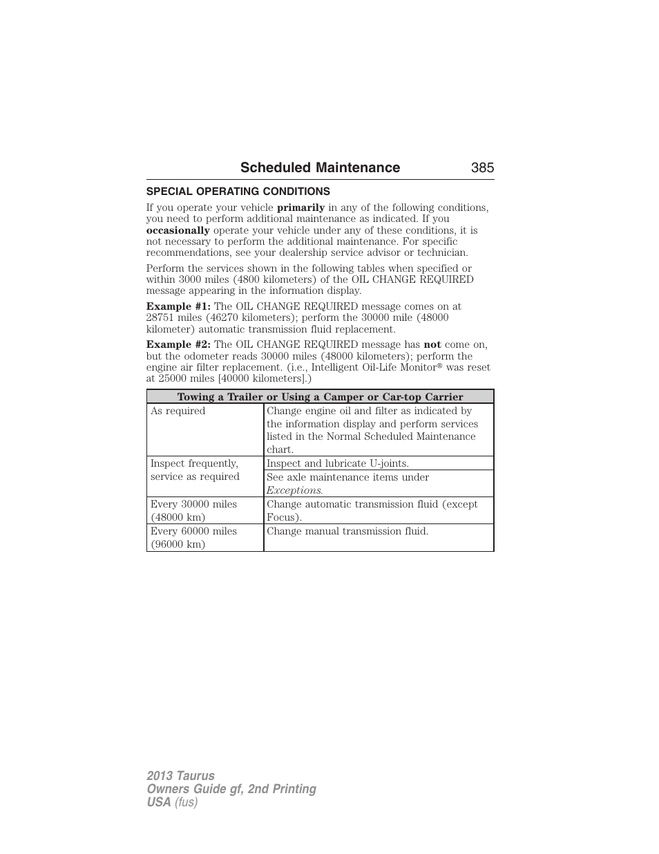 Special operating conditions, Scheduled maintenance 385 | FORD 2013 Taurus v.2 User Manual | Page 385 / 541